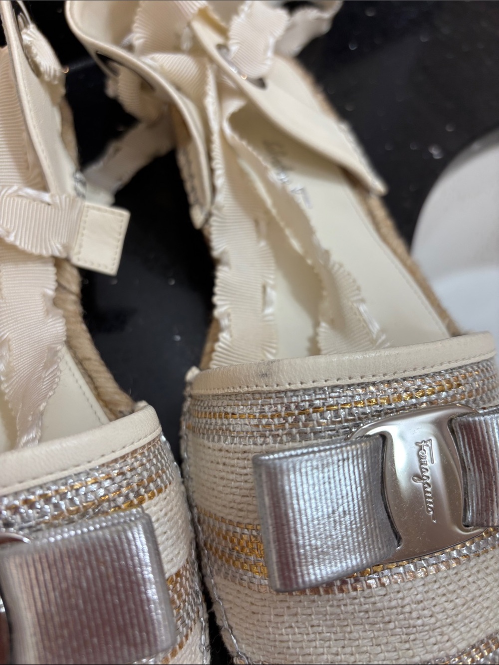 NWOT Salvatore Ferragamo Cream and Silver Ribbon Espadrille Wedges - Picture 4 of 9
